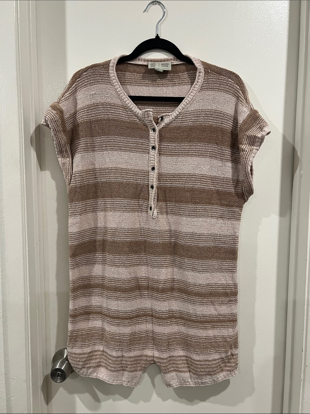 Saturday Sunday by Anthropologie Short-Sleeve Knit Romper in Brown & Cream Sz S